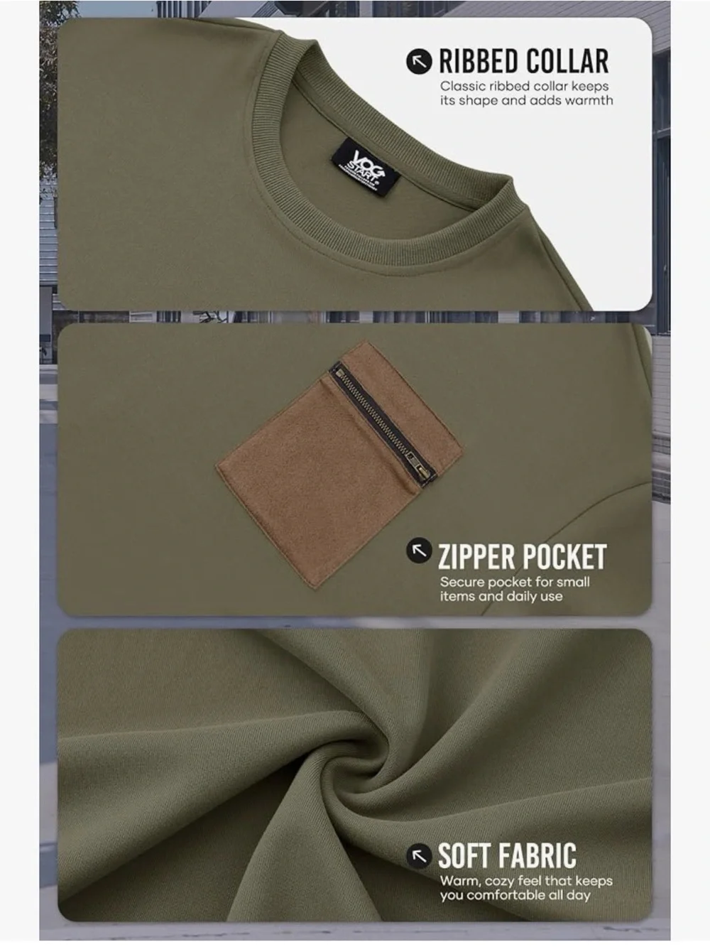 NWOT Men's Olive Green Crewneck Sweatshirt with Contrast Chest Pocket